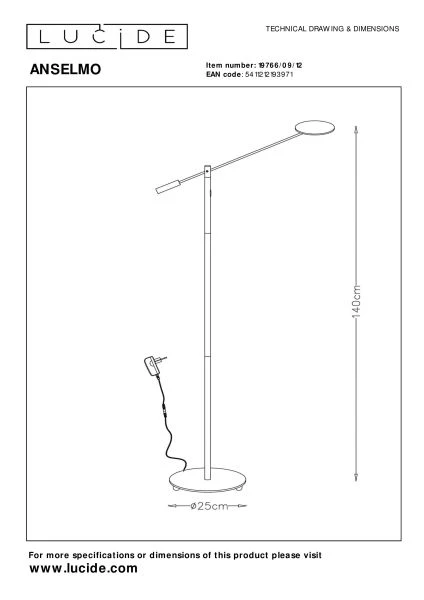 Lucide ANSELMO - Floor reading lamp - Ø 25 cm - LED Dim. - 1x9W 3000K - Satin Chrome - technical